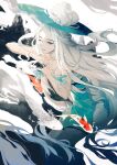  1girl absurdres blue_background cloud_tea_(food_fantasy) dress fish food_fantasy grey_eyes hat highres koi long_hair looking_to_the_side multicolored_background one_eye_closed pale_skin qingfengche sleeveless solo white_background white_hair 