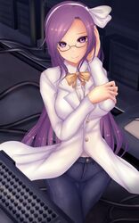  1girl asakura_rikako bow bowtie denim eyebrows_visible_through_hair glasses hair_bow hair_ribbon hairband hand_on_own_elbow hand_on_own_face highres jeans labcoat laboratory long_hair pants phantasmagoria_of_dim.dream purple_hair ribbon shirt shounen_(hogehoge) smile touhou touhou_(pc-98) violet_eyes white_bow white_shirt yellow_bow yellow_bowtie 