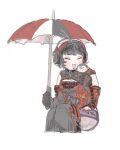  1boy 1girl ^_^ adapted_costume apex_legends black_hair breasts chibi closed_eyes crypto_(apex_legends) deadly_byte_crypto elbow_gloves eyeshadow fangs gloves grey_gloves headphones holding holding_umbrella makeup miniboy na_(ajinori_oisiina) on_shoulder plump racequeen red_eyeshadow short_hair sketch small_breasts solo_focus thigh-highs umbrella vampire wattson_(apex_legends) winged_menace_wattson 