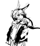  1girl amiya_(arknights) animal_ears arknights bangs blush e-fa-dorn eyebrows_visible_through_hair greyscale hair_between_eyes highres jacket long_hair looking_away looking_to_the_side monochrome open_clothes open_jacket parted_lips pleated_skirt ponytail rabbit_ears shirt simple_background sketch skirt solo very_long_hair white_background 