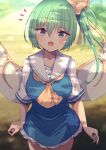  1girl ascot blue_dress blush breasts collarbone cowboy_shot daiyousei darumoon dress eyebrows_visible_through_hair fairy fairy_wings green_eyes green_hair hair_between_eyes highres large_breasts long_hair open_mouth short_sleeves side_ponytail solo touhou wings yellow_ascot 