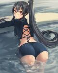 1girl alternate_costume ass black_hair blush breasts brown_eyes eyebrows_visible_through_hair hair_between_eyes highres kantai_collection kasumi_(skchkko) large_breasts long_hair long_sleeves looking_at_viewer looking_back parted_lips partially_submerged ponytail solo water yahagi_(kancolle) 
