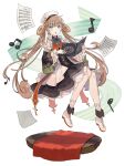  1girl bagel bagel_(food_fantasy) blue_eyes book brown_hair dress floating food food_fantasy full_body highres looking_at_viewer musical_note official_art pale_skin second-party_source twintails 