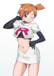  1girl ;) bangs black_gloves blush breasts commentary_request cosplay cropped_jacket elbow_gloves eyelashes gloves green_eyes hand_on_hip hand_up jacket jessie_(pokemon) jessie_(pokemon)_(cosplay) logo looking_at_viewer makino_harumaki midriff misty_(pokemon) navel one_eye_closed orange_hair pokemon pokemon_(anime) pokemon_(classic_anime) shiny shiny_hair short_hair side_ponytail simple_background skirt smile solo tied_hair white_background white_jacket white_skirt 