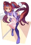  1girl animal_ears apron bent_over brown_hair commentary_request daiwa_scarlet_(umamusume) fang highres horse_ears horse_girl horse_tail kitchen kuroto_mato long_hair looking_at_viewer open_mouth red_eyes school_uniform solo tail thigh-highs tiara tracen_school_uniform umamusume 
