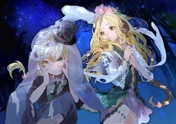  1boy 1girl androgynous blonde_hair blue_eyes chikage_(chi_g0) dress flower food_fantasy formal hair_flower hair_ornament hands_on_own_face hat long_hair mini_hat mini_top_hat pale_skin salad_(food_fantasy) sky star_(sky) starry_sky suit top_hat yogurt_(food_fantasy) 