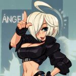  alex_ahad angel_(kof) green_eyes jacket navel solo the_king_of_fighters white_hair 