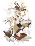  1boy blonde_hair food_fantasy full_body hat highres looking_at_viewer male_focus mont_blanc_(food_fantasy) official_art pale_skin pointy_ears second-party_source solo wizard wizard_hat yellow_eyes 