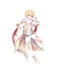  1boy blonde_hair card food_fantasy full_body highres looking_at_viewer male_focus official_art pale_skin pink_eyes playing_card sandwich_(food_fantasy) scarf second-party_source short_sleeves shorts solo 