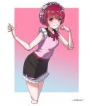  1girl artbydefault artist_name black_skirt blush bow doll_joints dorothy_haze eyebrows_visible_through_hair finger_to_cheek gradient_border highres joints looking_at_viewer outside_border purple_shirt red_bow red_eyes redhead shirt short_hair skirt sleeveless smile solo va-11_hall-a white_background 