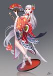  1girl absurdres fintowing food_fantasy full_body hair_ornament hand_fan highres japanese_clothes katana long_hair looking_at_viewer pale_skin sushi_(food_fantasy) sword weapon white_hair yellow_eyes 