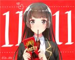  bangs black_eyes black_hair collared_shirt food heart jin_akhr long_hair looking_at_viewer master_2_(housamo) necktie pocky pocky_day pocky_in_mouth red_background red_necktie school_uniform shirt tokyo_afterschool_summoners twitter_username 