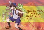  1boy backpack bag blue_headwear blue_necktie blue_shorts brown_eyes collared_shirt commentary dalas dragonite fire gen_9_pokemon grey_shirt hair_behind_ear holding holding_poke_ball i_have_the_power_of_god_and_anime_on_my_side male_protagonist_(pokemon_sv) meme necktie parody poke_ball poke_ball_(basic) pokemon pokemon_(creature) pokemon_(game) pokemon_sv school_uniform shirt shorts spanish_commentary spanish_flag spanish_text sprigatito translated v-shaped_eyebrows 