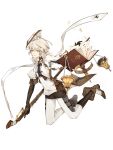  1boy androgynous baguette_(food_fantasy) blonde_hair book floating food_fantasy full_body highres holding holding_weapon jingzhongyin looking_at_viewer official_art pale_skin second-party_source solo weapon yellow_eyes 