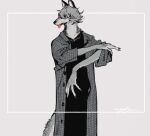  1boy animal_ears black_legwear black_shirt claws fur furry furry_male grey_background hair_over_eyes highres long_coat looking_to_the_side nagabe original plaid plaid_coat shirt short_hair signature sleeves_past_wrists sleeves_pushed_up tail tongue tongue_out wolf_boy wolf_ears wolf_tail 