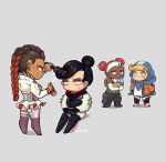  +_+ 4girls apex_legends bangs black_footwear black_hair black_jacket black_pants blonde_hair blue_bodysuit blue_gloves blue_headwear bodysuit boots braid brown_eyes brown_hair chibi dark-skinned_female dark_skin detached_sleeves double_bun gloves grey_background grey_footwear hair_behind_ear hair_bun headband high_class_wraith high_heel_boots high_heels hood hooded_jacket jacket knee_pads korean_commentary laughing lifeline_(apex_legends) loba_(apex_legends) multiple_girls namjak official_alternate_costume orange_jacket pants redhead ribbed_bodysuit sitting skirt smile sweatdrop twin_braids wattson_(apex_legends) white_bodysuit white_headband white_jacket white_skirt wraith_(apex_legends) 