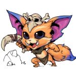  1boy black_eyes black_sclera colored_sclera fangs gnar_(league_of_legends) grey_background holding holding_weapon league_of_legends looking_at_viewer orange_fur phantom_ix_row pointy_ears simple_background skull_on_head solo tail teeth tongue weapon yordle 