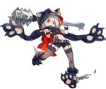  1girl animal_ears animal_hood ark_order bangs belt black_cape black_footwear black_scarf black_shirt black_shorts cape cerberus_(ark_order) chain club_(weapon) cuffs dog_ears fake_animal_ears full_body fur-trimmed_footwear garter_straps hades_(ark_order) holding holding_weapon hood hood_up hooded_cape k_suke_(weibo) looking_at_viewer official_art paw_shoes pawpads red_eyes scarf shackles shirt shoes short_hair shorts skull solo spiked_belt stomach_tattoo tachi-e tattoo thigh-highs transparent_background weapon white_hair wrist_cuffs 