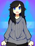  1girl arms_at_sides black_hair black_pants blue_eyes blush borrowed_character commission d-floe eyebrows_visible_through_hair grey_sweater highres long_hair long_sleeves looking_at_viewer open_mouth original pants ribbed_sweater smile solo sweater 