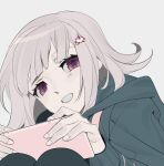  1girl bangs black_jacket blush danganronpa_(series) danganronpa_2:_goodbye_despair etklgsscizgnglq galaga grey_background grin hair_ornament highres hood hood_down jacket light_brown_hair long_sleeves nanami_chiaki pink_eyes shiny shiny_hair simple_background smile solo teeth thigh-highs 