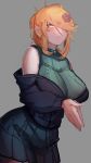  1girl :&lt; absurdres at2. bangs breasts closed_mouth eyebrows_visible_through_hair hair_over_one_eye highres large_breasts long_sleeves looking_at_viewer orange_nails original short_hair short_ponytail solo swept_bangs 