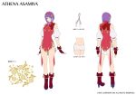  1girl artist_request asamiya_athena bare_shoulders boots character_sheet china_dress chinese_clothes detached_sleeves dress fingerless_gloves gloves gold_trim hair_ornament high_heels highres multiple_views official_art purple_hair red_dress red_gloves short_hair shorts snk the_king_of_fighters the_king_of_fighters_xv violet_eyes white_background 