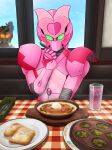  2girls absurdres blush commentary_request crossover cup dish drink drinking_glass food hetareman highres holding holding_spoon indoors kamen_rider kamen_rider_sabela kamen_rider_saber_(series) kikai_sentai_zenkaiger looking_at_viewer magine meal multiple_girls peeking_out restaurant saizeriya sitting spoon super_sentai 