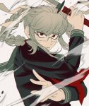  1girl bangs black_shirt bong_(0u0bon) braid danganronpa_(series) danganronpa_2:_goodbye_despair glasses grey_background highres holding holding_sword holding_weapon katana long_hair long_sleeves looking_at_viewer medium_hair motion_lines neckerchief parted_lips pekoyama_peko red_eyes red_neckerchief school_uniform shirt simple_background sword twin_braids twintails upper_body weapon 