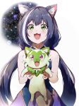  1girl :3 animal_ear_fluff animal_ears bangs black_hair cat_ears cat_girl commentary_request crossover dress eyebrows_visible_through_hair fangs gen_9_pokemon green_eyes hamachamu highres karyl_(princess_connect!) long_hair low_twintails meme multicolored_hair open_mouth pink_eyes pokemon pokemon_(game) pokemon_sv princess_connect! sleeveless sleeveless_dress smile space_cat_(meme) sprigatito streaked_hair twintails two-tone_hair very_long_hair white_hair 