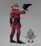  1non-binary animal_on_arm apex_legends artist_name bird bird_on_arm black_footwear bloodhound_(apex_legends) boots crow dangerous_game_bloodhound dual_wielding from_side goggles grey_background helmet highres holding holding_knife jacket knife looking_ahead mask namjak official_alternate_costume queer red_jacket solo_focus standing trans 