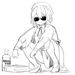  1girl alcohol beret book bottle greenopi greyscale hat high_heels indie_virtual_youtuber long_skirt long_sleeves looking_at_viewer monochrome office_lady short_hair sketch skirt slav_squatting solo squatting sunglasses terumi_koizumi virtual_youtuber vodka white_background 