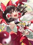  1girl bare_shoulders black_hair blush bow brown_eyes detached_sleeves hair_between_eyes hair_bow hair_tubes hakurei_reimu holding japanese_clothes long_hair nontraditional_miko ofuda open_mouth orb red_bow red_skirt ribbon-trimmed_sleeves ribbon_trim sarashi skirt smile solo syuri22 touhou wide_sleeves yin_yang yin_yang_orb 