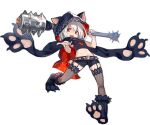  1girl animal_ears animal_hood ark_order bangs belt black_cape black_footwear black_scarf black_shirt black_shorts cape cerberus_(ark_order) chain club_(weapon) cuffs dog_ears fake_animal_ears full_body fur-trimmed_footwear garter_straps hades_(ark_order) holding holding_weapon hood hood_up hooded_cape k_suke_(weibo) looking_at_viewer official_art paw_shoes pawpads red_eyes scarf shirt shoes short_hair shorts skull solo spiked_belt tachi-e thigh-highs transparent_background weapon white_hair wrist_cuffs 