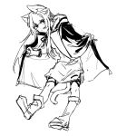  1girl :d animal_ears arknights bangs boots cat_ears cat_girl cat_tail dress e-fa-dorn eyebrows_visible_through_hair full_body greyscale highres jacket long_hair looking_at_viewer monochrome open_clothes open_jacket rosmontis_(arknights) simple_background sketch smile solo standing standing_on_one_leg tail very_long_hair white_background 
