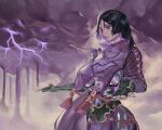  1girl absurdres arm_guards armor bangs breasts clouds cloudy_sky fate/grand_order fate_(series) fingerless_gloves floral_print gloves highres japanese_armor japanese_clothes koiswag large_breasts lightning long_hair looking_to_the_side mature_female minamoto_no_raikou_(fate) parted_bangs purple_background purple_hair purple_theme ribbed_sleeves ribbon rope sky tabard very_long_hair violet_eyes wide_sleeves 