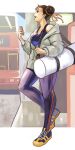  1girl :d bag bodysuit brown_hair bus chun-li city commentary_request double_bun duffel_bag full_body ground_vehicle highres holding holding_phone jacket meke_(77842928) motor_vehicle outdoors phone shoes smile sneakers solo standing street_fighter street_fighter_zero_(series) 
