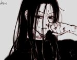  1boy black_hair blood blood_on_face expressionless greyscale hand_up hichi(hichi) hunter_x_hunter illumi_zoldyck long_hair looking_at_viewer male_focus monochrome nosebleed solo 