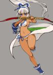  1girl blue_eyes bow_(weapon) breasts dark-skinned_female dark_skin full_body gloves hairband long_hair looking_at_viewer majikina_mina mota navel panties ponytail samurai_spirits simple_background solo underwear very_long_hair weapon white_hair 