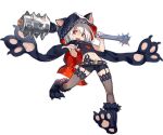  1girl animal_ears animal_hood ark_order bangs belt black_cape black_footwear black_scarf black_shirt black_shorts cape cerberus_(ark_order) chain club_(weapon) cuffs dog_ears fake_animal_ears full_body fur-trimmed_footwear garter_straps hades_(ark_order) holding holding_weapon hood hood_up hooded_cape k_suke_(weibo) looking_at_viewer official_art paw_shoes pawpads red_eyes scarf shirt shoes short_hair shorts skull solo spiked_belt stomach_tattoo tachi-e tattoo thigh-highs transparent_background weapon white_hair wrist_cuffs 