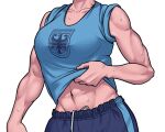  1girl abs biceps black_pants blue_tank_top breasts clothes_lift collarbone medium_breasts muscular muscular_female navel original ostwindprojekt pants shirt_lift solo sweat sweatpants tank_top unfinished 