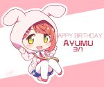  1girl :d animal_ears animal_hood blue_shorts bow brown_hair bunny_hood character_name chibi collared_shirt commentary_request dated fake_animal_ears green_eyes hair_ornament hairclip hands_up happy_birthday hood hood_up hooded_jacket jacket langbazi legwear_under_shorts looking_at_viewer love_live! love_live!_nijigasaki_high_school_idol_club open_clothes open_jacket pantyhose pink_background puffy_shorts red_footwear red_shirt shirt shoes short_shorts shorts signature smile solo teeth two-tone_background uehara_ayumu upper_teeth white_background white_bow white_jacket white_legwear 