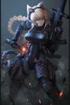  1girl animal_ears arm_armor armor assault_rifle black_bodysuit blonde_hair bodysuit braid breasts check_copyright commission copyright_request covered_abs covered_navel english_commentary feet_out_of_frame grey_background gun handgun headphones hetza_(hellshock) holding holding_weapon holstered_weapon large_breasts leg_armor long_hair looking_at_viewer original parted_lips pistol rifle science_fiction sheath sheathed single_braid solo standing sword tail tight very_long_hair weapon yellow_eyes 