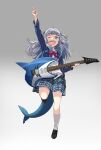  1girl blazer blue_eyes blue_hair blue_nails fish_tail gawr_gura grey_background guitar highres hololive instrument jacket kneehighs loafers long_hair looking_at_viewer nail_polish one_eye_closed plaid plaid_skirt pointing_to_the_side shark_tail sharp_teeth shoes skirt solo standing standing_on_one_leg sutemeto tail teeth white_legwear 