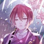  1boy cherry_blossoms chiaki_autumn collared_shirt crying flower food_fantasy looking_at_viewer pale_skin petals pink_eyes raindrop_cake_(food_fantasy) redhead second-party_source shirt tears umbrella white_shirt 