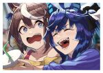  2girls absurdres ahoge animal_ears bangs bare_shoulders blue_eyes blue_hair blue_shirt blurry blurry_background brown_hair closed_mouth collarbone crossed_bangs cup disposable_cup drinking_straw highres holding holding_cup horse_ears looking_at_another makasero multicolored_hair multiple_girls off-shoulder_shirt off_shoulder open_mouth raised_eyebrows sharp_teeth shirt smile startled streaked_hair tank_top teeth tokai_teio_(umamusume) twin_turbo_(umamusume) umamusume upper_body v-shaped_eyebrows wavy_mouth yellow_shirt 