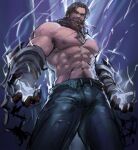  1boy abs bangs beard black_eyes black_hair black_pants collar cowboy_shot energy facial_hair from_below glowing highres jang_ju_hyeon league_of_legends looking_at_viewer male_focus metal_collar pants pectorals smile solo sylas_(league_of_legends) topless_male torn_clothes torn_pants 