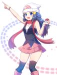  1girl :d absurdres arm_up bangs beanie black_hair black_legwear black_shirt blue_eyes boots bracelet caramell0501 hat highres hikari_(pokemon) holding holding_poke_ball jewelry kneehighs long_hair looking_at_viewer open_mouth pink_skirt pointing pointing_up poke_ball poke_ball_print pokemon pokemon_(game) pokemon_dppt red_scarf scarf shirt skirt sleeveless sleeveless_shirt smile solo standing thigh-highs thighhighs_under_boots white_background white_headwear 