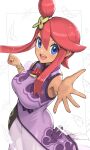  1girl :d blue_eyes breasts china_dress chinese_clothes dress feathers gonzarez hair_between_eyes hair_ornament highres large_breasts looking_at_viewer medium_hair pokemon pokemon_(game) pokemon_bw2 purple_dress redhead skyla_(pokemon) smile solo white_background 