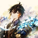  1boy ahoge andylecia artist_name black_gloves black_hair blonde_hair blue_flower blurry blurry_foreground bouquet chinese_commentary closed_mouth earrings eyebrows_visible_through_hair floral_background flower formal genshin_impact gloves hair_between_eyes highres holding jewelry looking_at_viewer male_focus necktie petals short_hair sidelocks slight_smile solo split_mouth suit upper_body white_flower zhongli_(genshin_impact) 