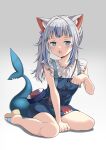  1girl animal_ears arm_support blue_eyes blush cat_ears fish_tail gawr_gura grey_hair highres hololive long_hair looking_at_viewer open_mouth paw_pose shark_tail sharp_teeth side_ponytail sitting skirt solo stitches suspender_skirt suspenders sutemeto tail teeth white_background yokozuwari 